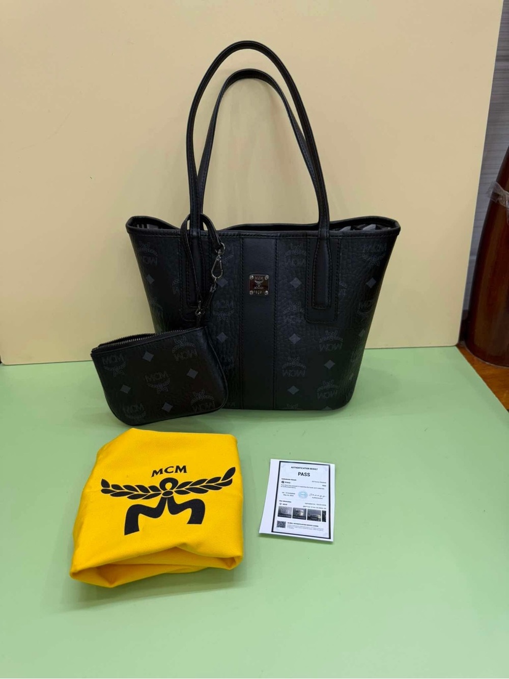 MCM Black Monogram Tote with Removable Pouch